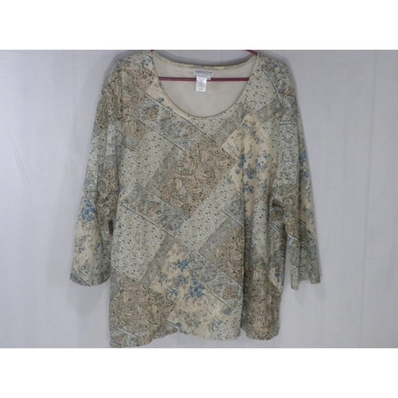 Coldwater‎ Creek Top 3X Beige Blue Floral Sheer Sleeve Lined Scoop Neck Stretch - Picture 1 of 10
